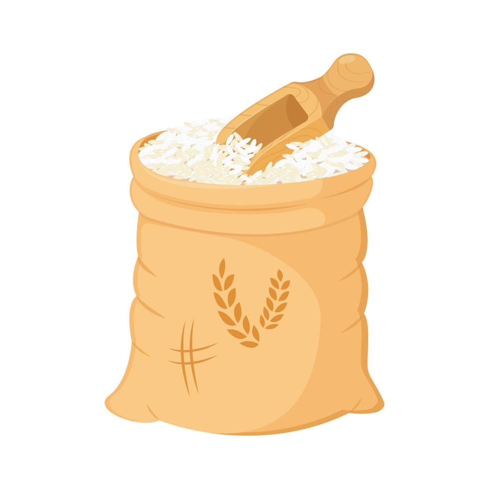 Bag open with mountain of rice by scoop. Basmati harvest. Vector illustration of cereal products packaging