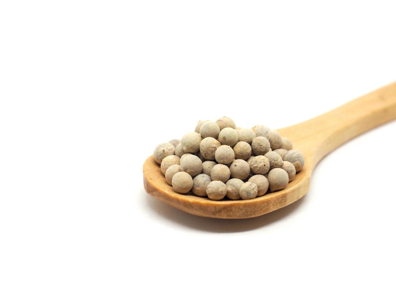 Closeup white peppers in wood spoon on white isolated natural shadow copy space ingredients kitchen concept photo