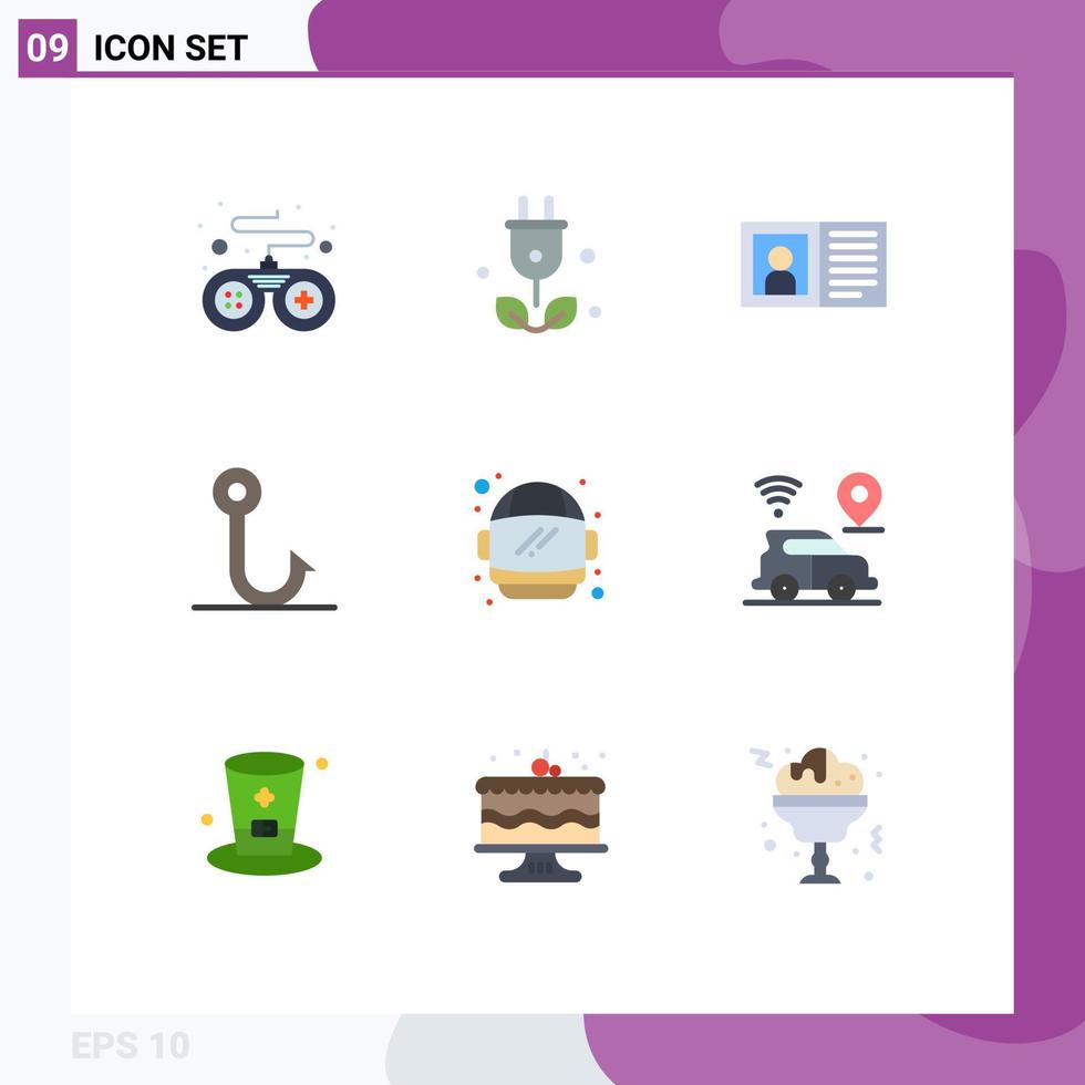 Set of 9 Vector Flat Colors on Grid for space astronaut contact hook fish Editable Vector Design Elements