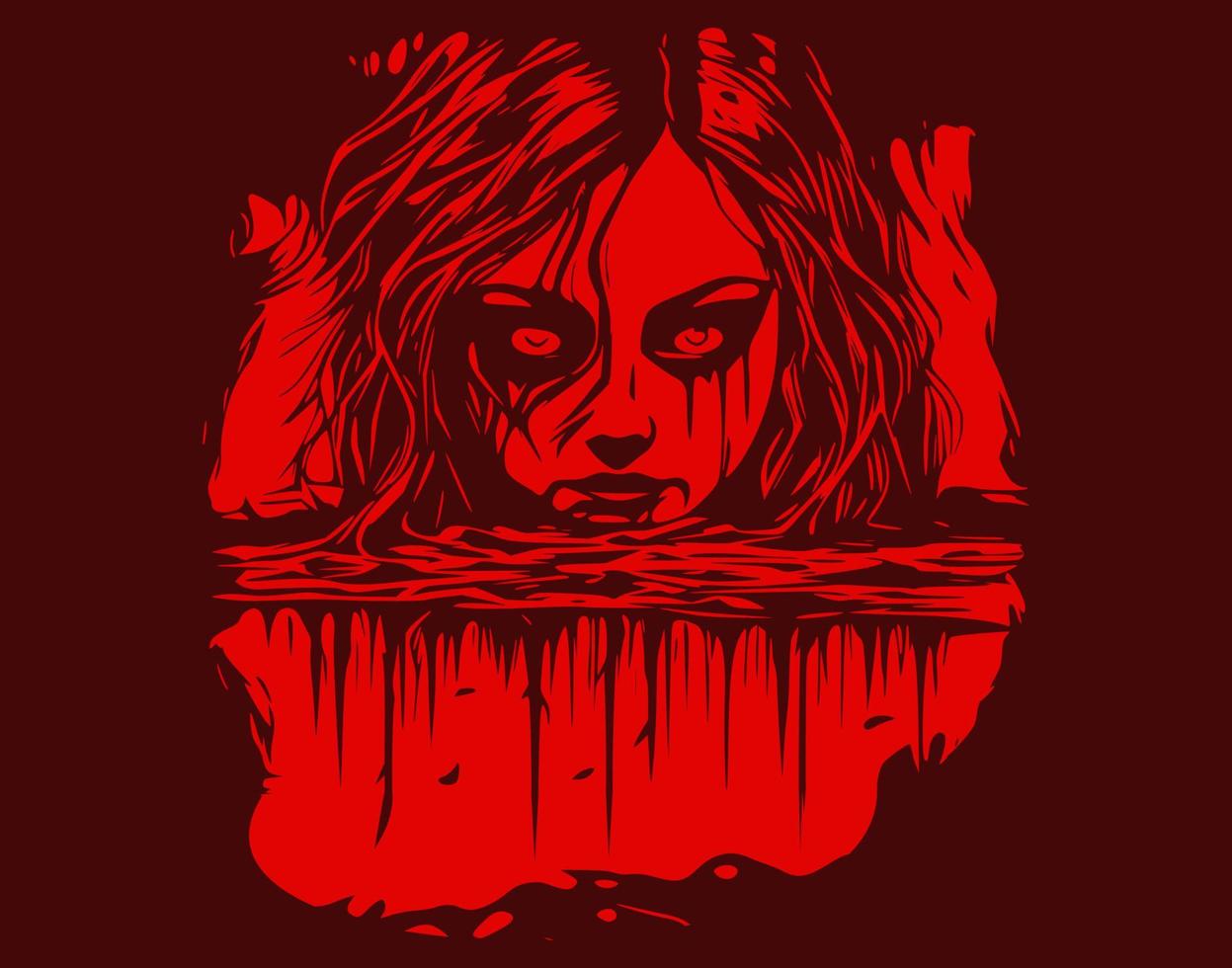 Horror Sketch gothic girl  and half face of goth woman above water. Isolated vector illustration. Fantasy, occultism, tattoo art, coloring book, prints