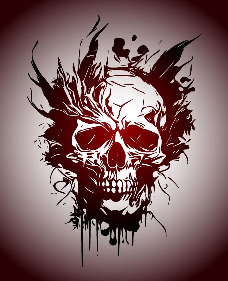 Psychecdelic Skull face, front view and side view. Ink black and red drawing. Vector illustration