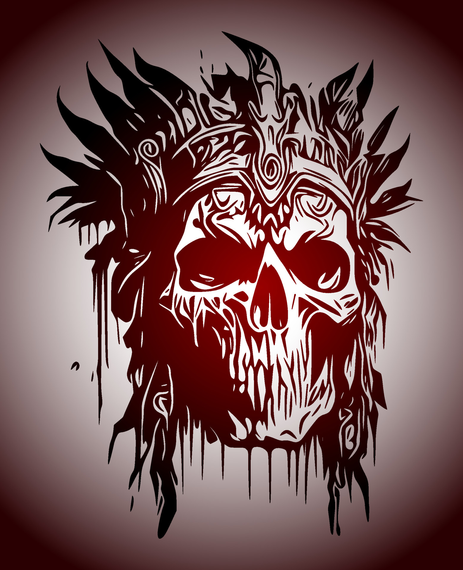 Psychecdelic Skull face, front view and side view. Ink black and red