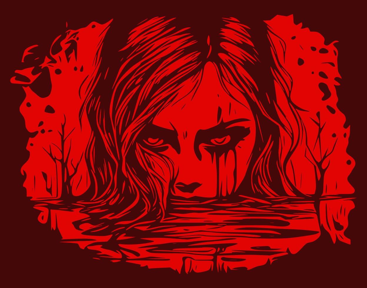 Horror Sketch gothic girl  and half face of goth woman above water. Isolated vector illustration. Fantasy, occultism, tattoo art, coloring book, prints