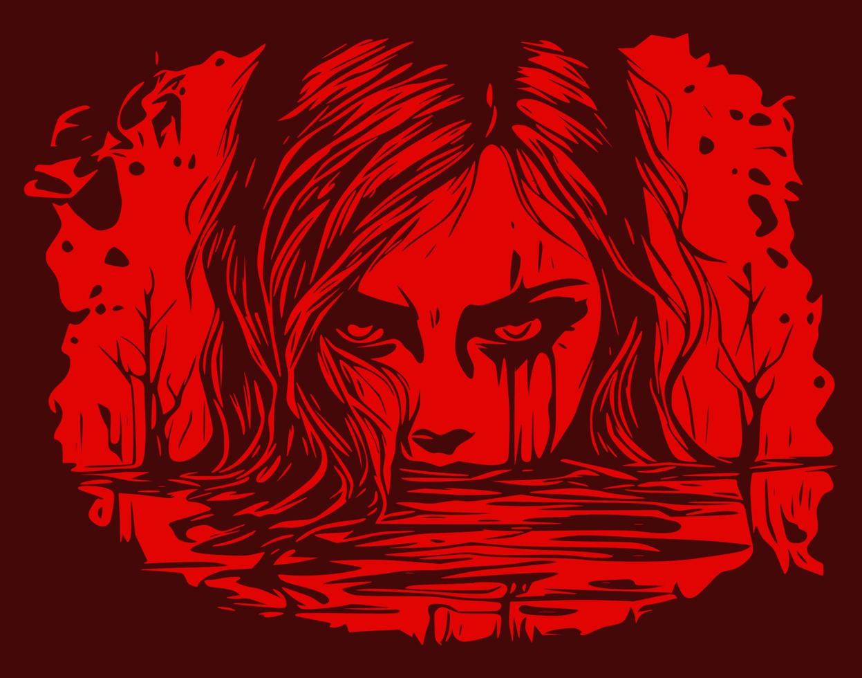 Horror Sketch gothic girl  and half face of goth woman above water. Isolated vector illustration. Fantasy, occultism, tattoo art, coloring book, prints