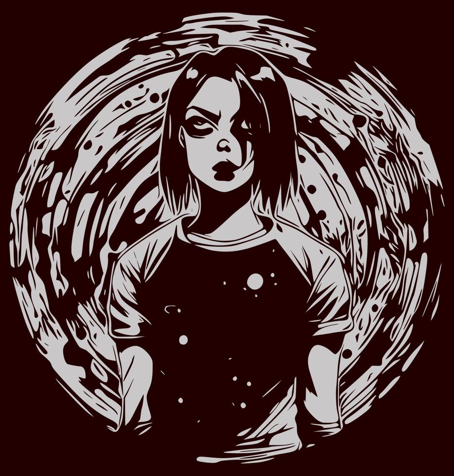boceto de terror psicodélico chica gótica y acuarela de goteo. aislado en sangre roja, ilustración vectorial. vector