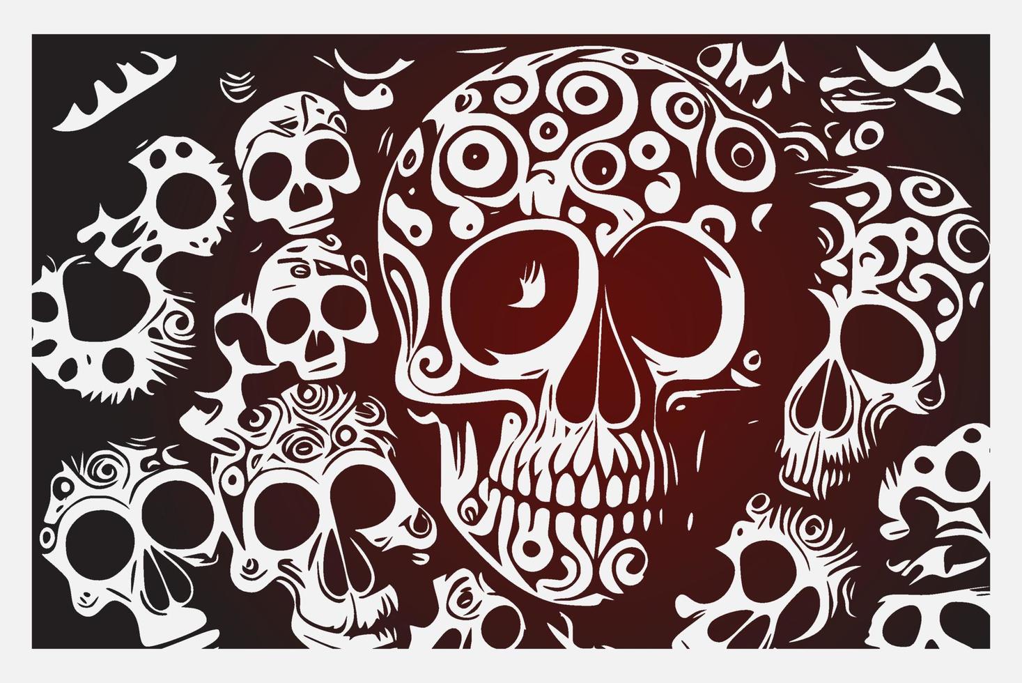 fondo de calaveras vectoriales. ilustración vectorial con varios cráneos en diferentes ángulos nadando en un mar de rosas estilo tatuaje. gran colección de elementos agrupados individualmente. vector