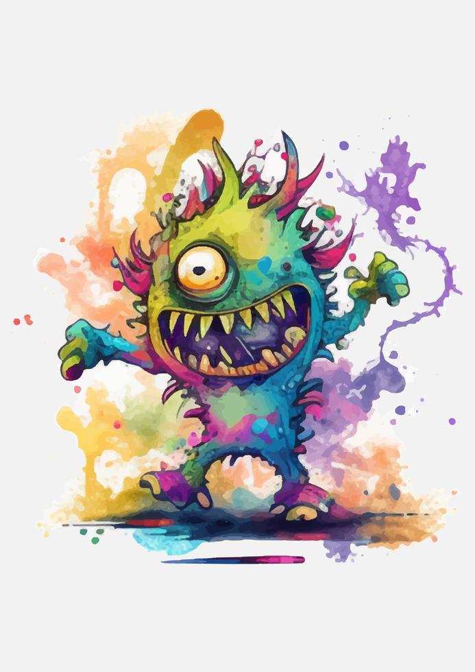 Cute little monster with watercolor illustration vector