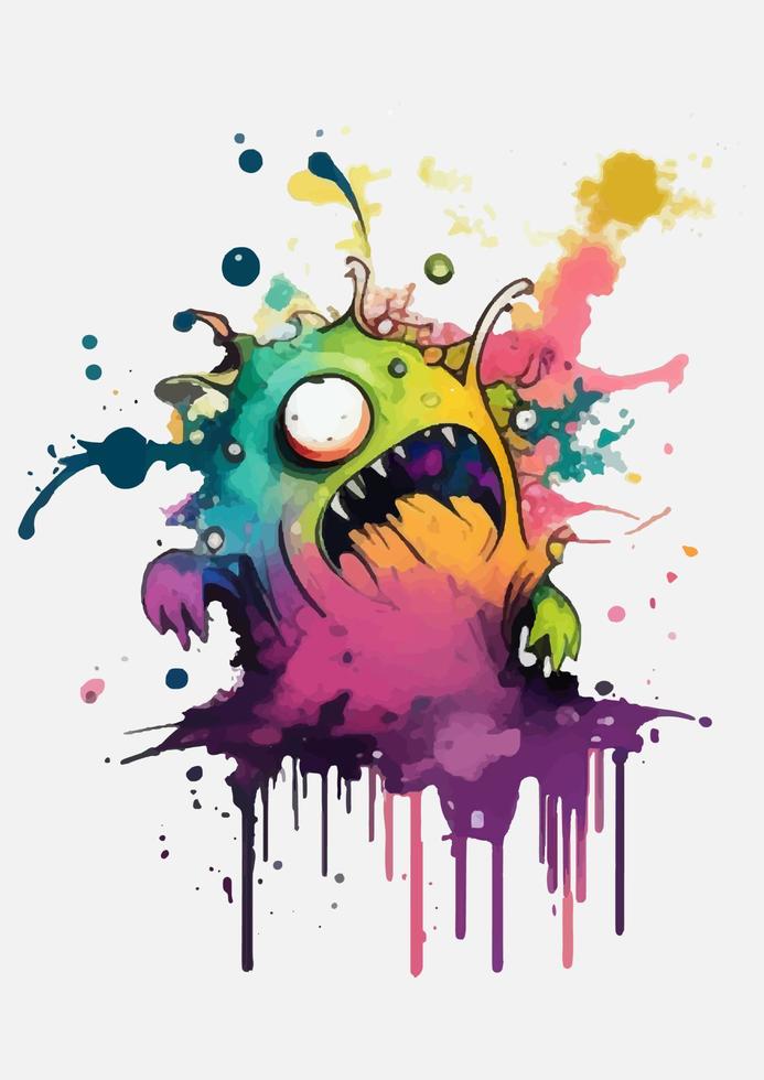 Cute little monster with watercolor illustration vector