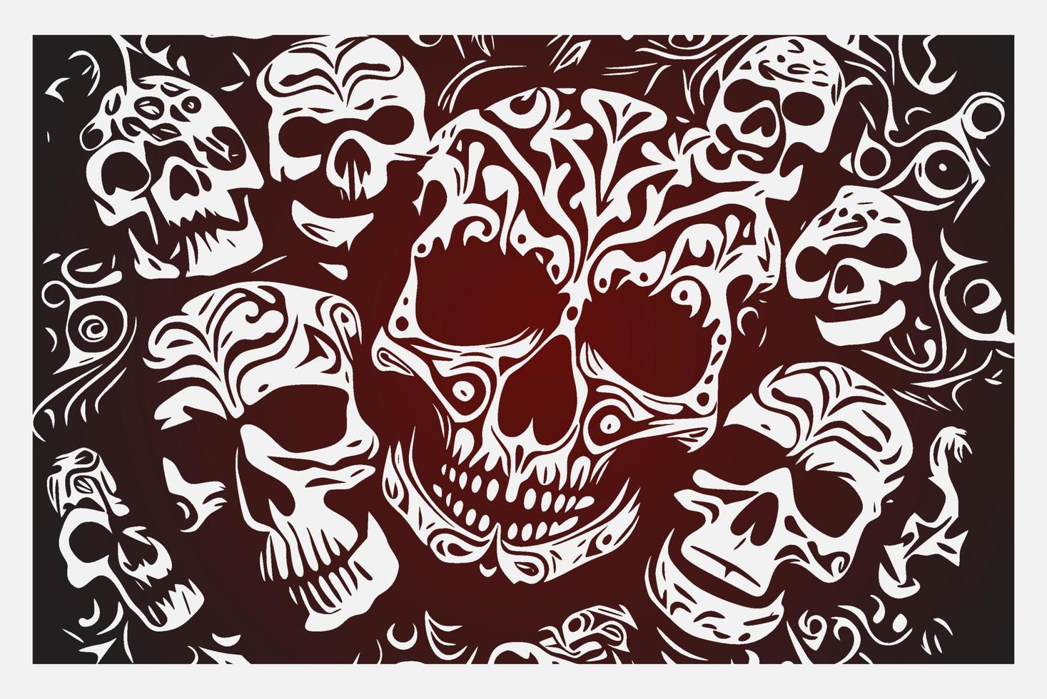 fondo de calaveras vectoriales. ilustración vectorial con varios cráneos en diferentes ángulos nadando en un mar de rosas estilo tatuaje. gran colección de elementos agrupados individualmente. vector