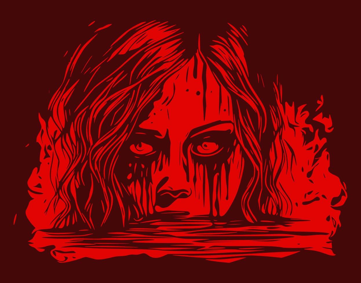 Horror Sketch gothic girl  and half face of goth woman above water. Isolated vector illustration. Fantasy, occultism, tattoo art, coloring book, prints