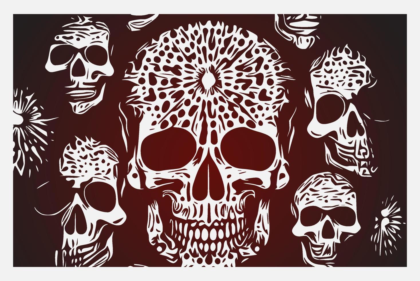 fondo de calaveras vectoriales. ilustración vectorial con varios cráneos en diferentes ángulos nadando en un mar de rosas estilo tatuaje. gran colección de elementos agrupados individualmente. vector