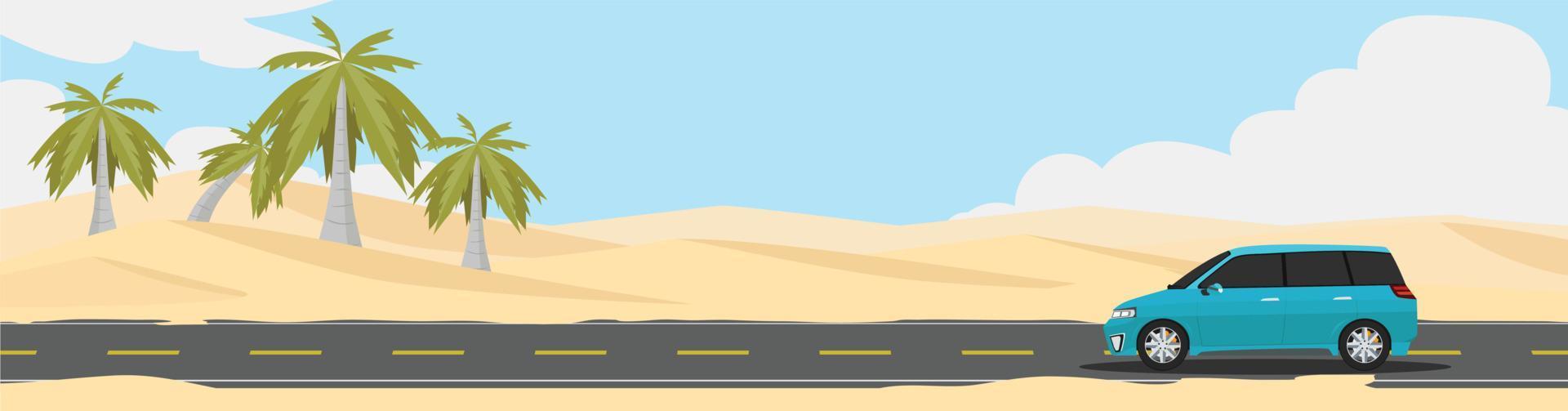 Happy family  car for banner. Car van for travel.  Asphalt road near the Desert area with tree oasis under clear sky for winter travel. Copy Space Flat Vector. vector