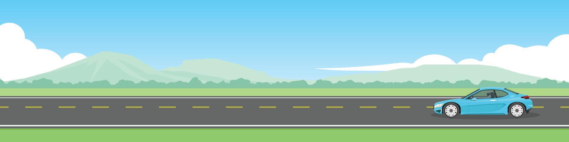 Travels of sport car with driving for banner. Asphalt road near the meadow with green mountain under clear sky. vector