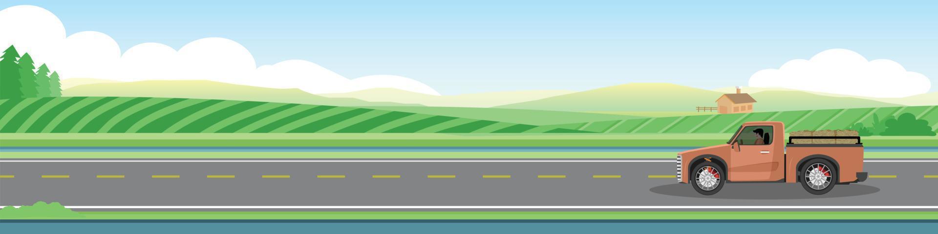 vista panorámica de la conducción de camiones en la carretera asfaltada para el fondo de la pancarta. al lado con una granja verde y una montaña con un pueblo bajo un cielo despejado para viajar en invierno. copiar espacio vector plano.