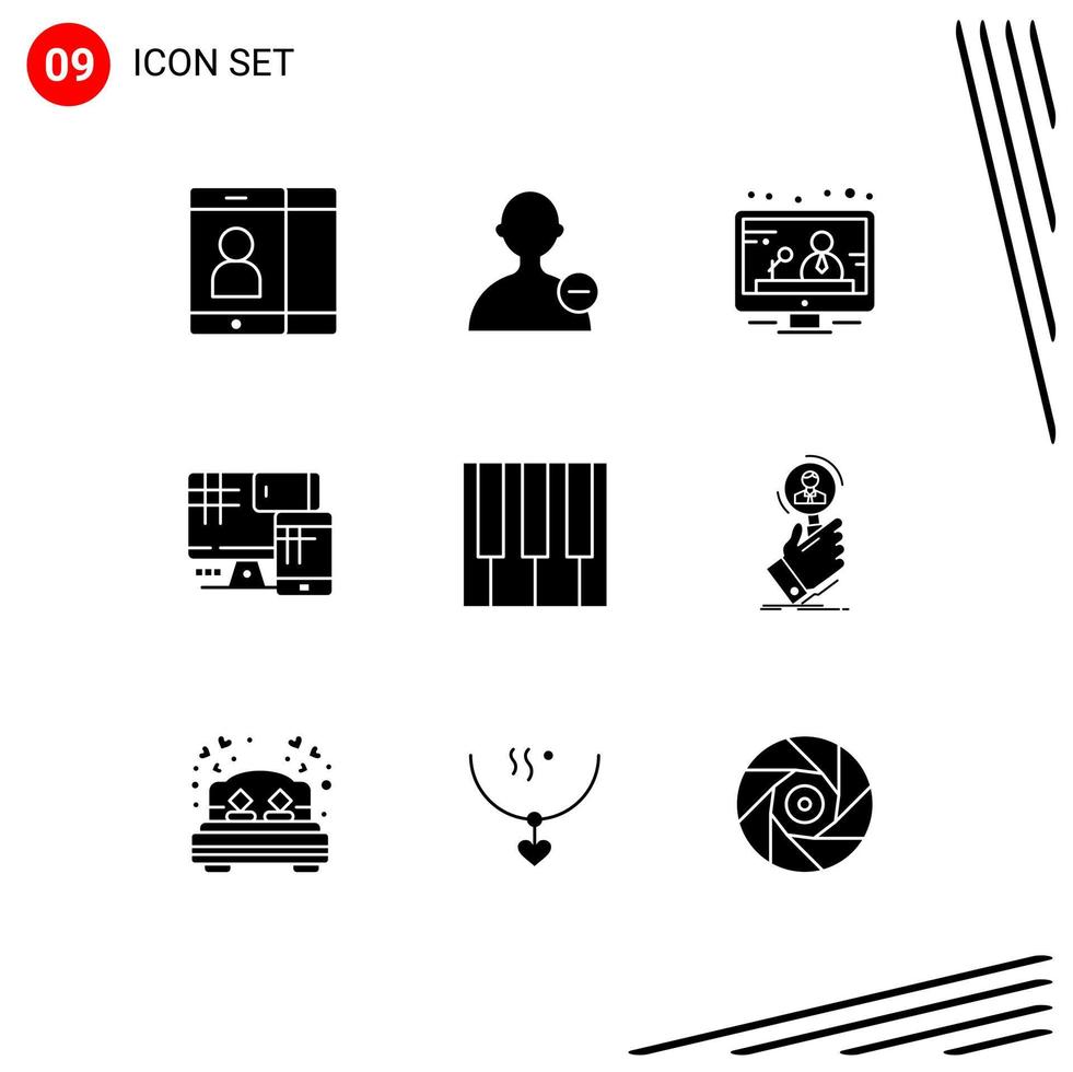 Solid Glyph Pack of 9 Universal Symbols of sound music news keyboard education Editable Vector Design Elements