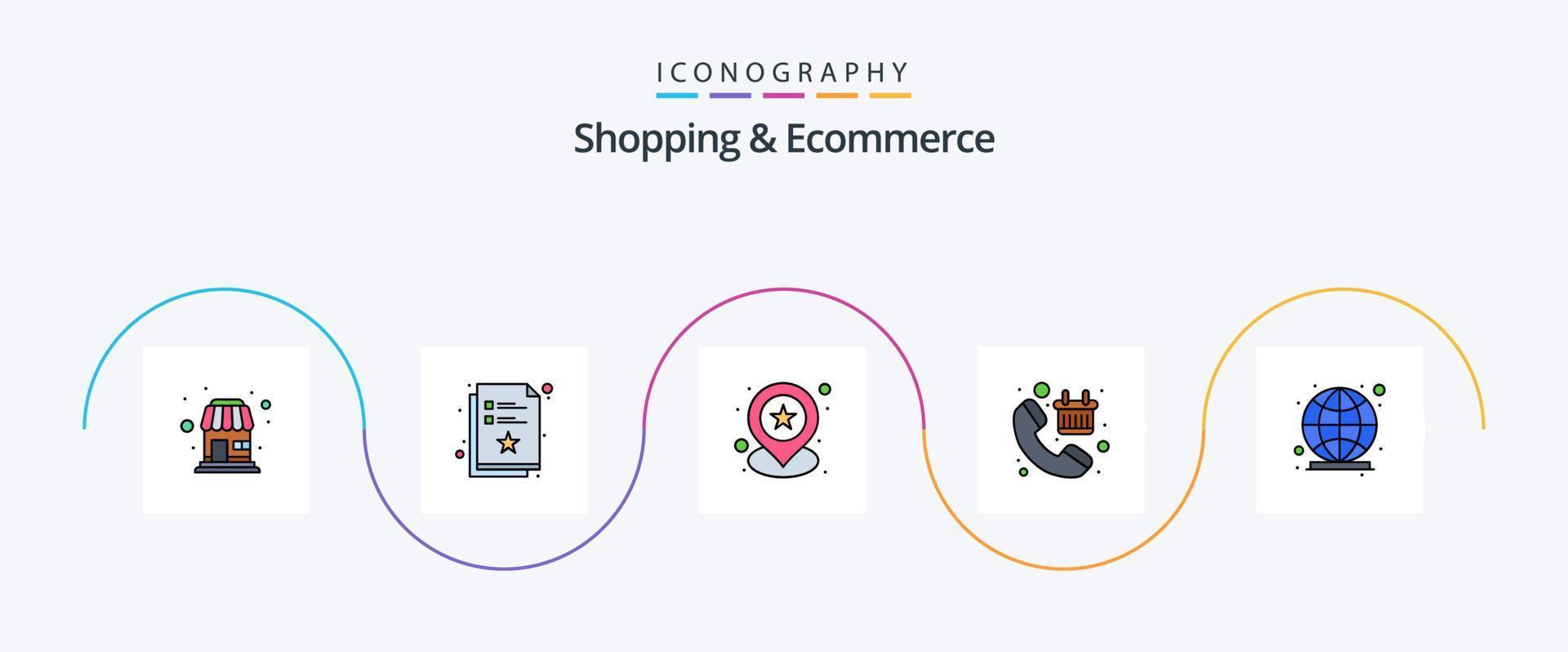 Shopping And Ecommerce Line Filled Flat 5 Icon Pack Including global. checkout. geo. basket. call vector