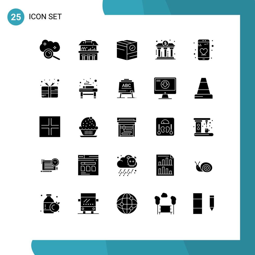 Pack of 25 creative Solid Glyphs of finance building box banking shipping Editable Vector Design Elements