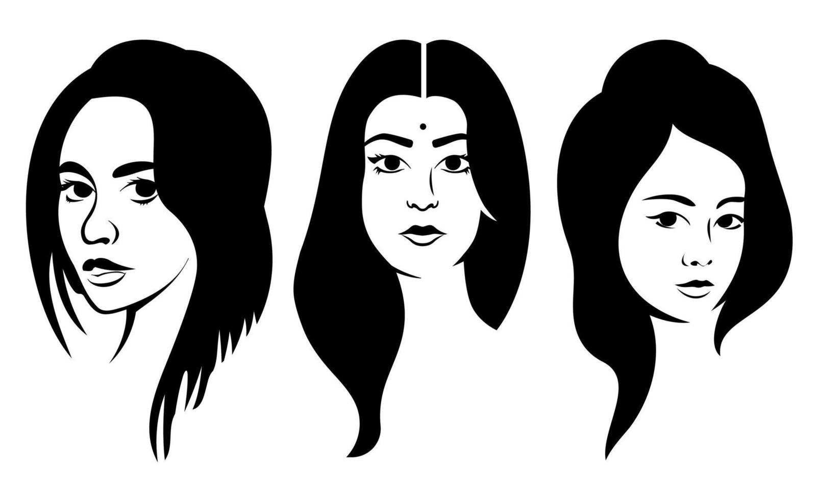 ilustraciones de mujer en blanco y negro, diseño plano. conjunto de mujeres indias, americanas y asiáticas. vector