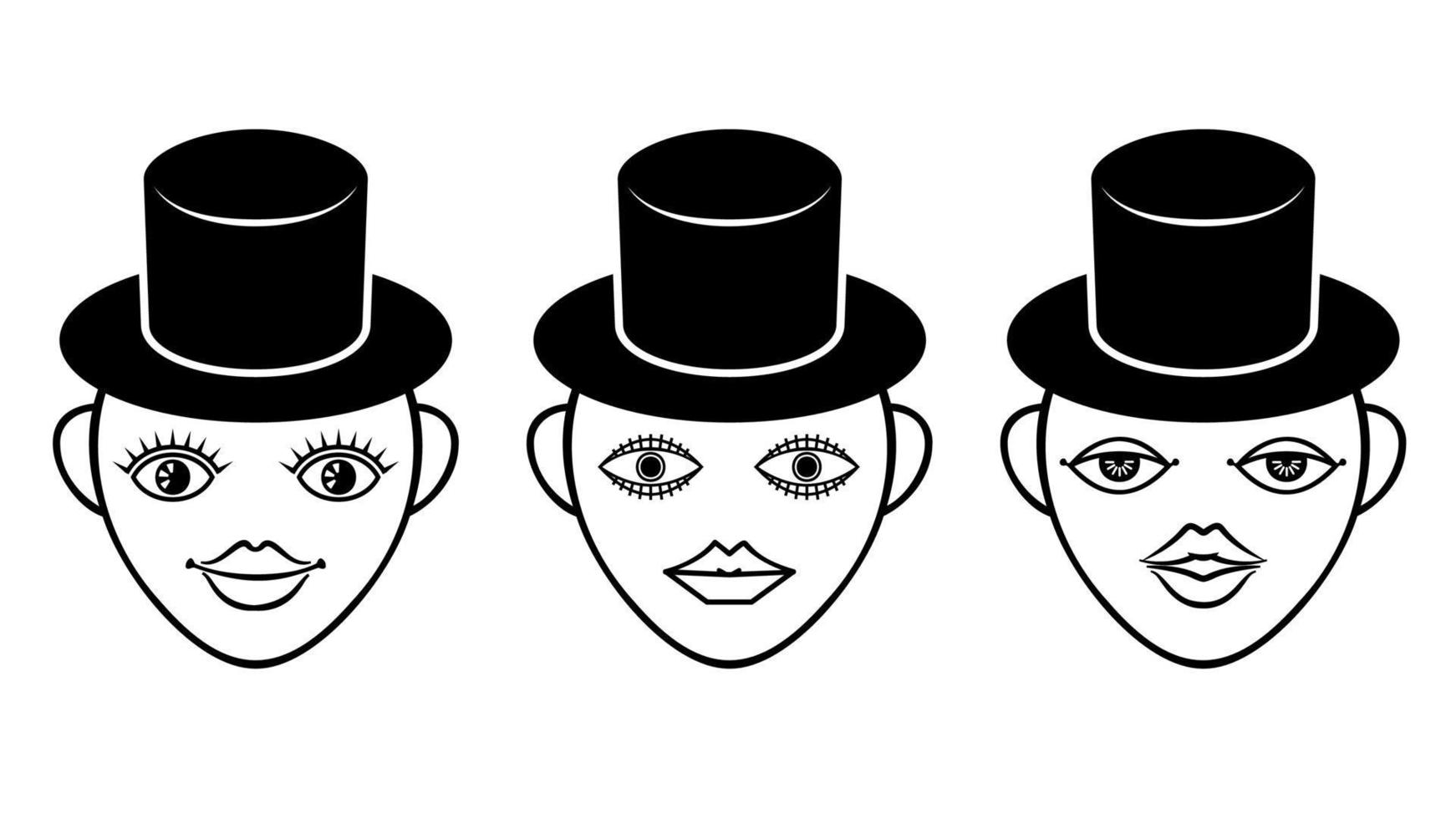 Man in hat, black and white illustration. Cartoon portrait men with black hat set. vector