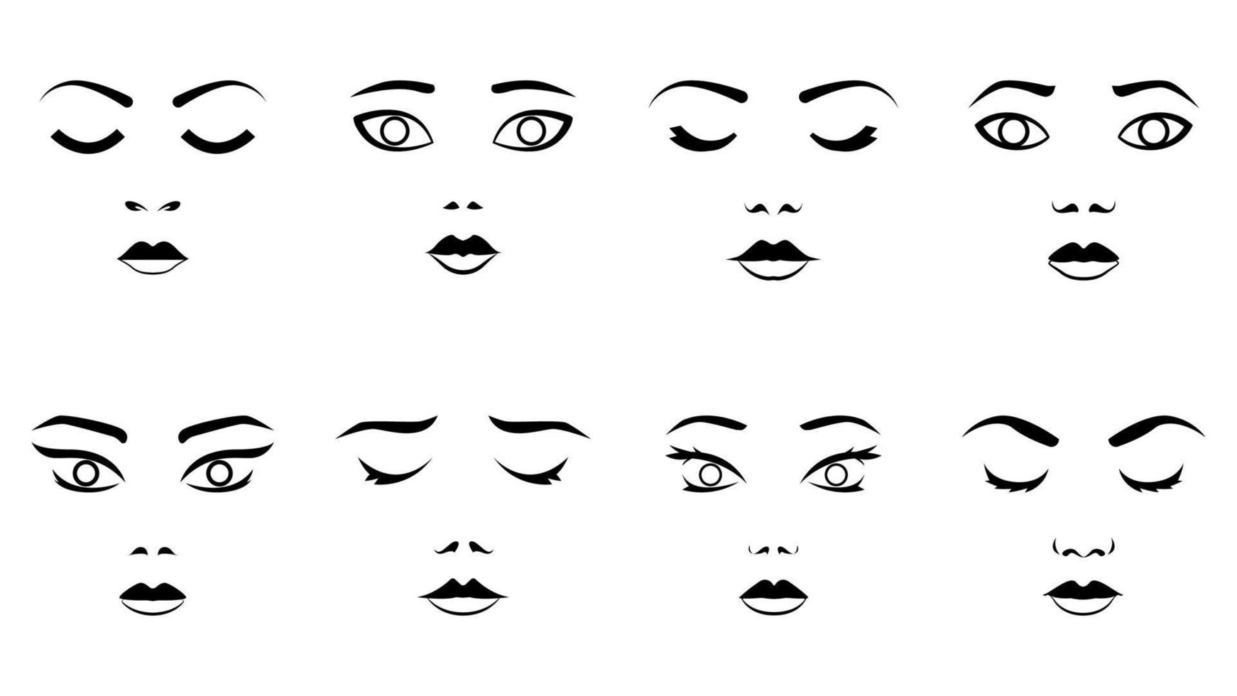 Woman faces illustration set. Female portraits in black and white color. Women with opened and closed eyes. vector