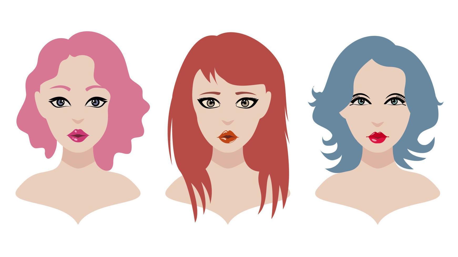 Teen girl illustration with different style and color hairs. Cute and beautiful young girls. Pretty woman illustration set. vector