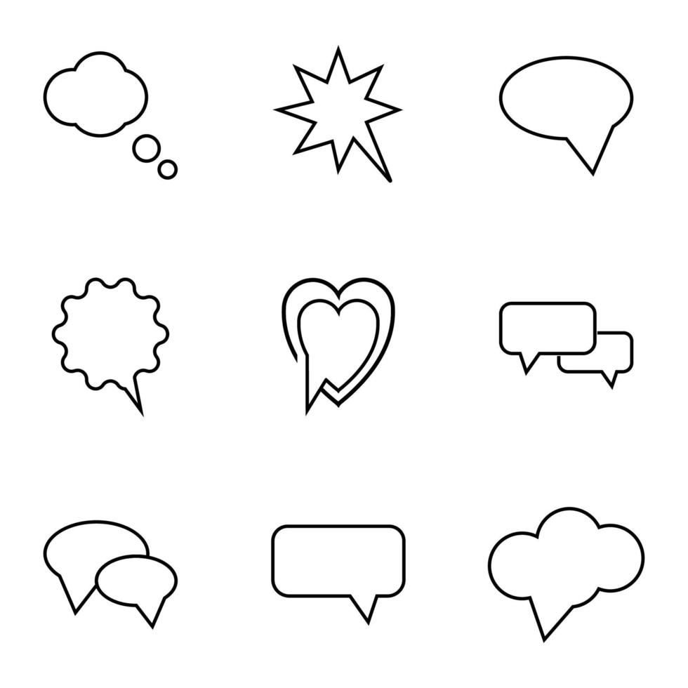 Collection of nine line icons of various speech bubbles for shops, stores, adverts, apps, ui. Minimalistic editable strokes vector