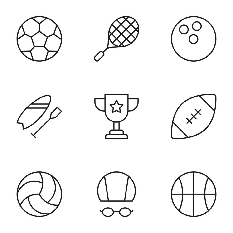 colección de iconos de nueve líneas de pelota, cohete de tenis, bolos, remo, copa ganadora, natación, fútbol para tiendas, tiendas, anuncios, aplicaciones, ui. trazos editables minimalistas vector