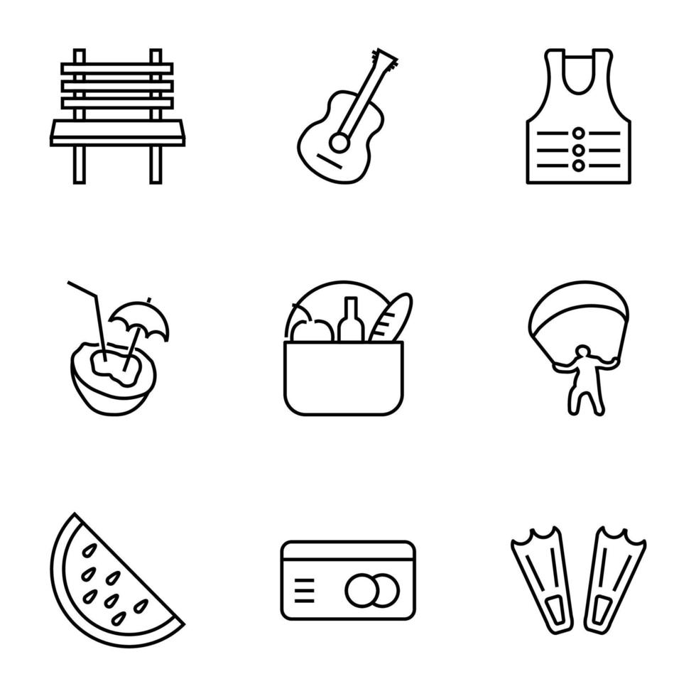 Collection of nine line icons of bench, guitar, life jacket, coconut cocktail, paragliding, watermelon, plastic card for shops, stores, adverts, apps, ui. Minimalistic editable strokes vector