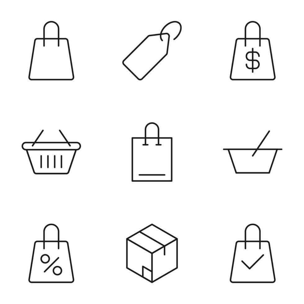 Shopping concept. Collection of nine line icons of shopping bag, label, dollar, cart, box, percent, sale, delivery for shops, stores, adverts, apps, ui. Minimalistic editable strokes vector