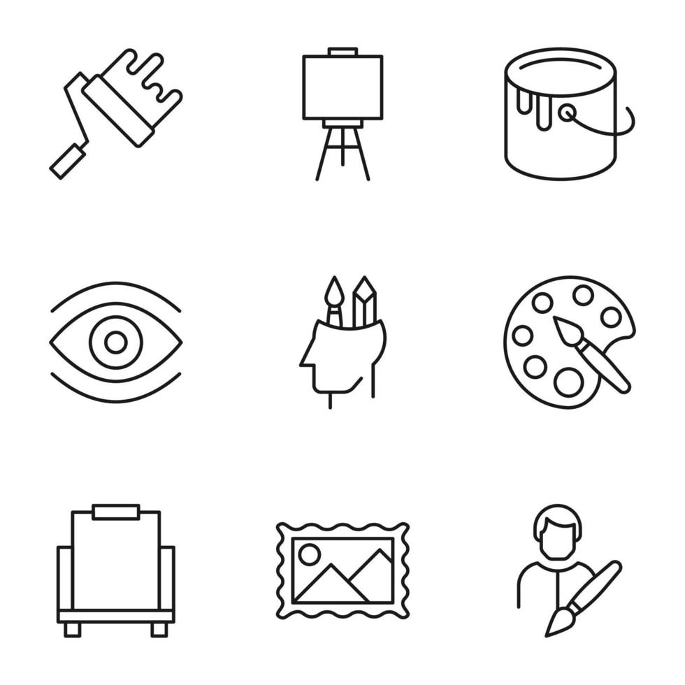 Collection of nine line icons of paint roller with dye, easel, bucket, eye, artist, painter, easel, picture for shops, stores, adverts, apps, ui. Minimalistic editable strokes vector