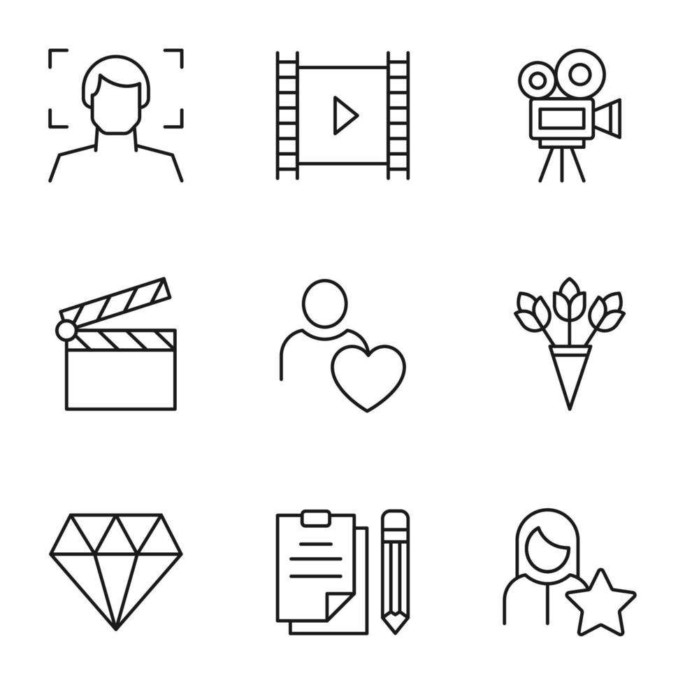 Collection of nine line icons of actor, film, clapper board, bouquet, diamond, script, star over actress for shops, stores, adverts, apps, ui. Minimalistic editable strokes vector