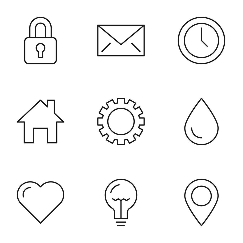 Collection of nine line icons of lock, envelope, clock, house, gear, drop, heart, light bulb, geo sign for shops, stores, adverts, apps, ui. Minimalistic editable strokes vector