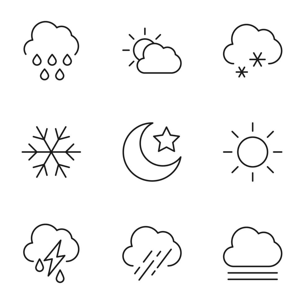 Collection of nine line icons of rain, sun over cloud, snow, star by moon, sun, rain, fog for shops, stores, adverts, apps, ui. Minimalistic editable strokes vector