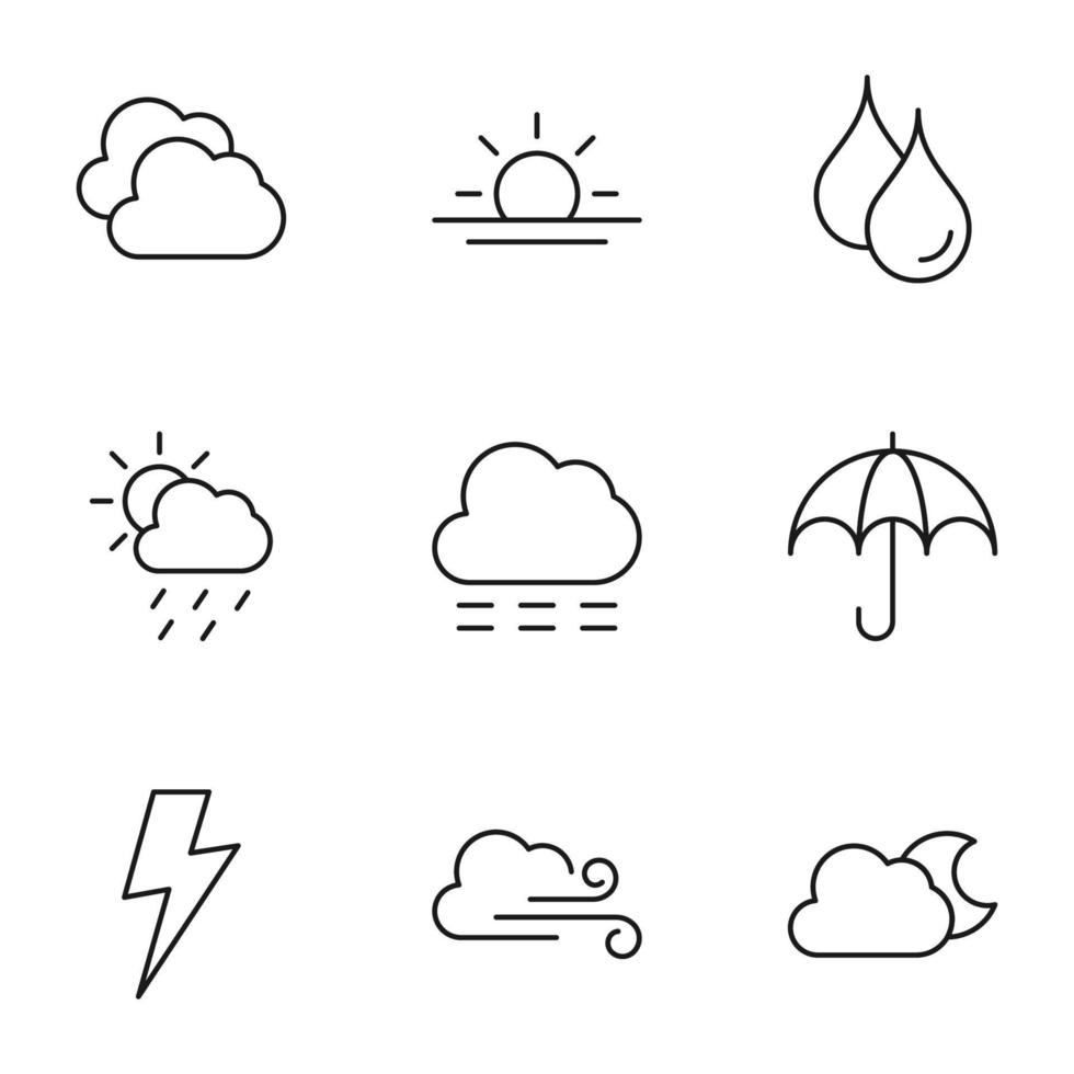 Collection of nine line icons of sun, rain, umbrella, lightning, wind for shops, stores, adverts, apps, ui. Minimalistic editable strokes vector