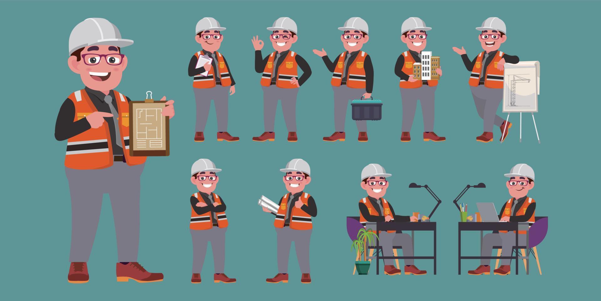 Set of engineer with different poses vector