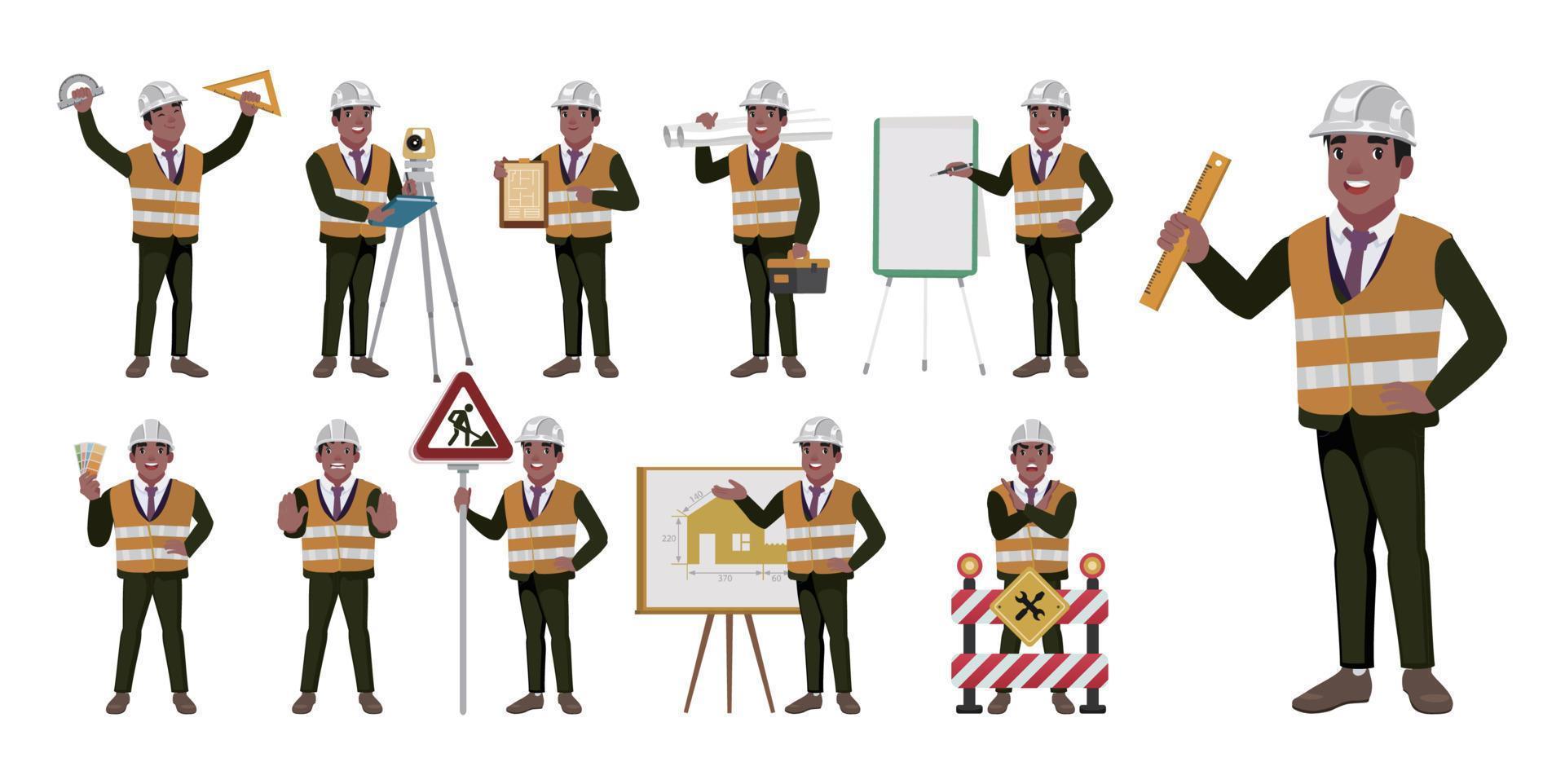 ingeniero de construcción con diferentes poses vector