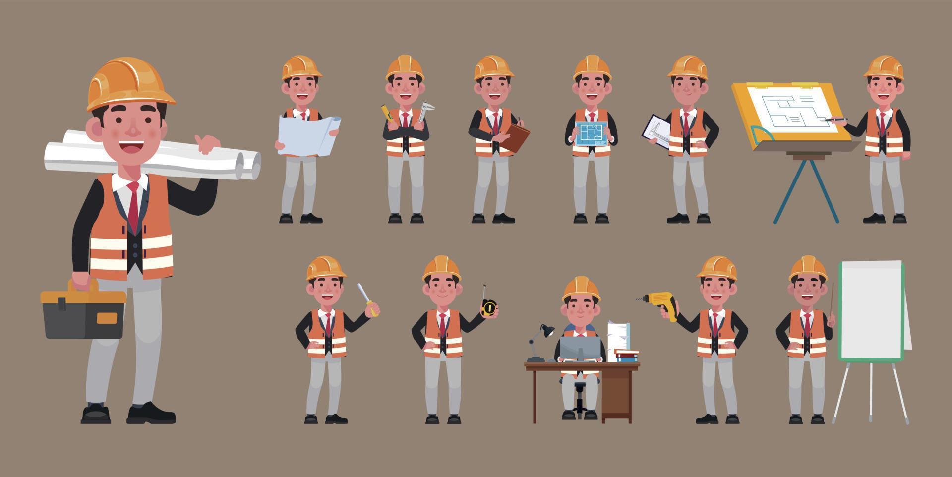 Set of flat engineer with different poses vector