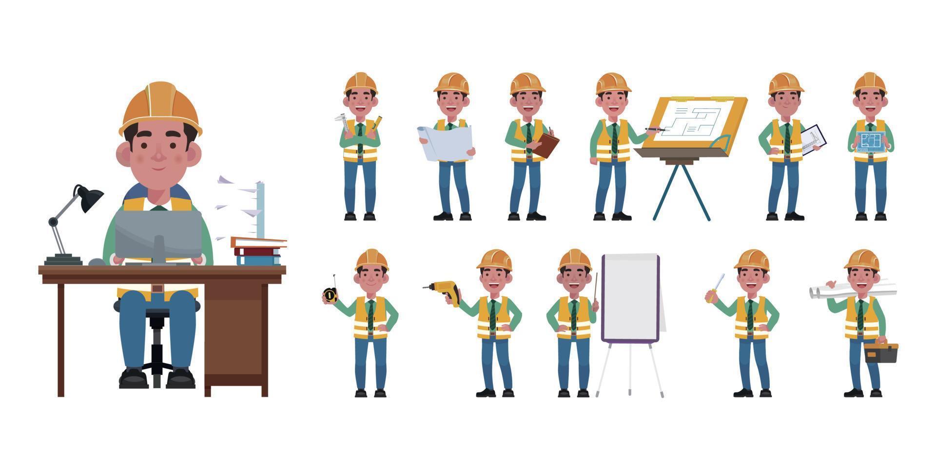 Set of flat engineer with different poses vector