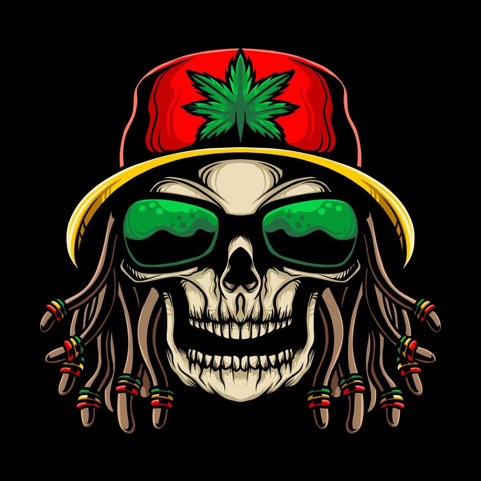 diseño de ilustración de vector de cabeza de cráneo rasta con sombrero y rastas