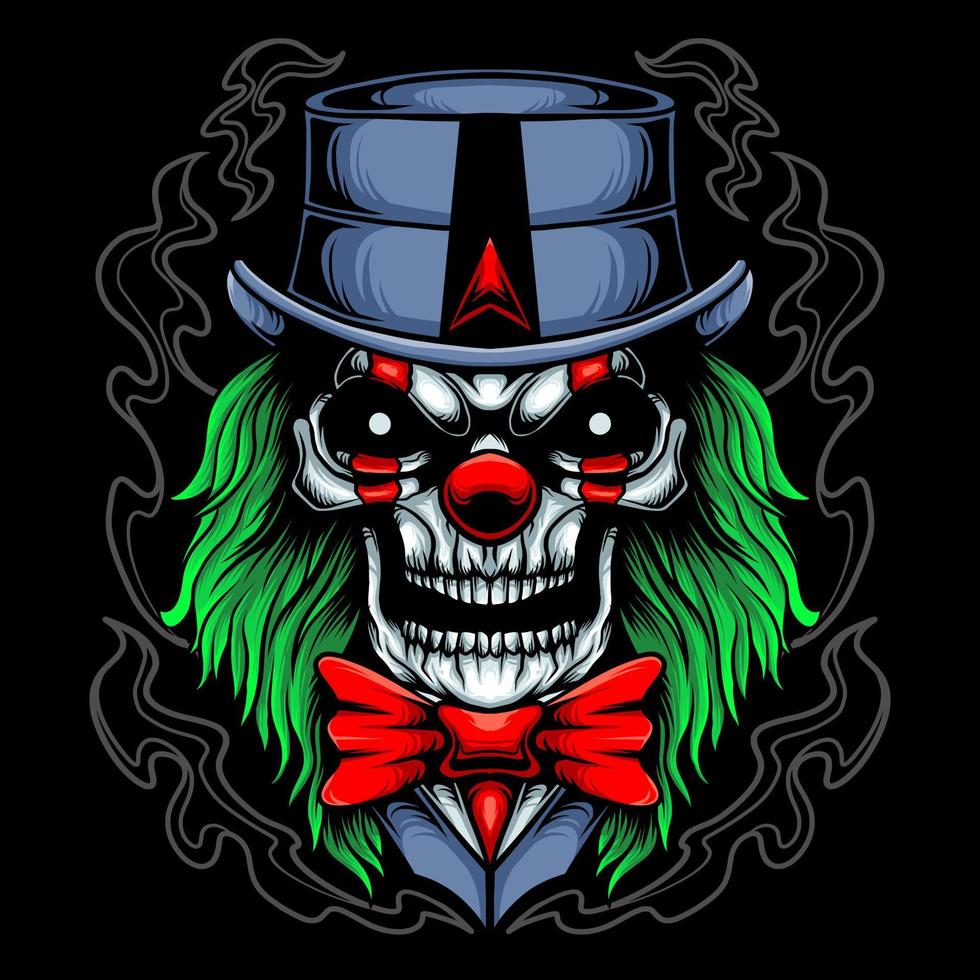 diseño de ilustración de vector de cabeza de payaso de cráneo de miedo con sombrero y corbata de moño, pelo verde