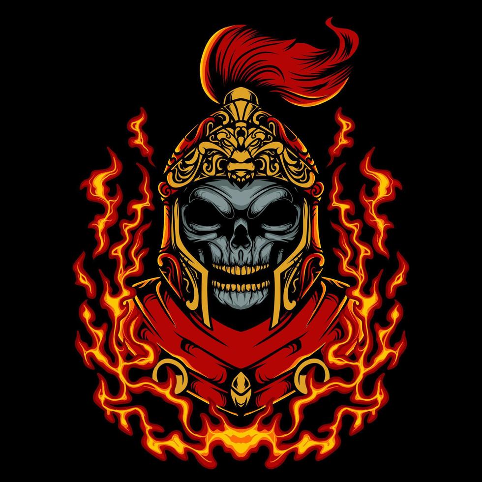 diseño de ilustración de vector de casco romano de cráneo con fondo de fuego combinado