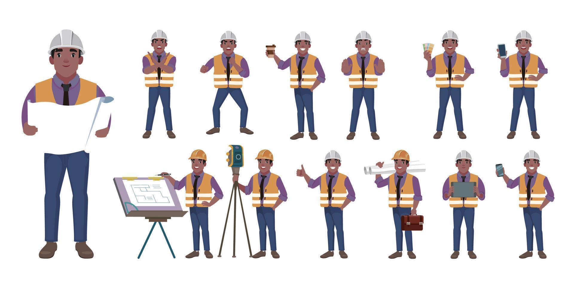 ingeniero de construcción con diferentes poses vector