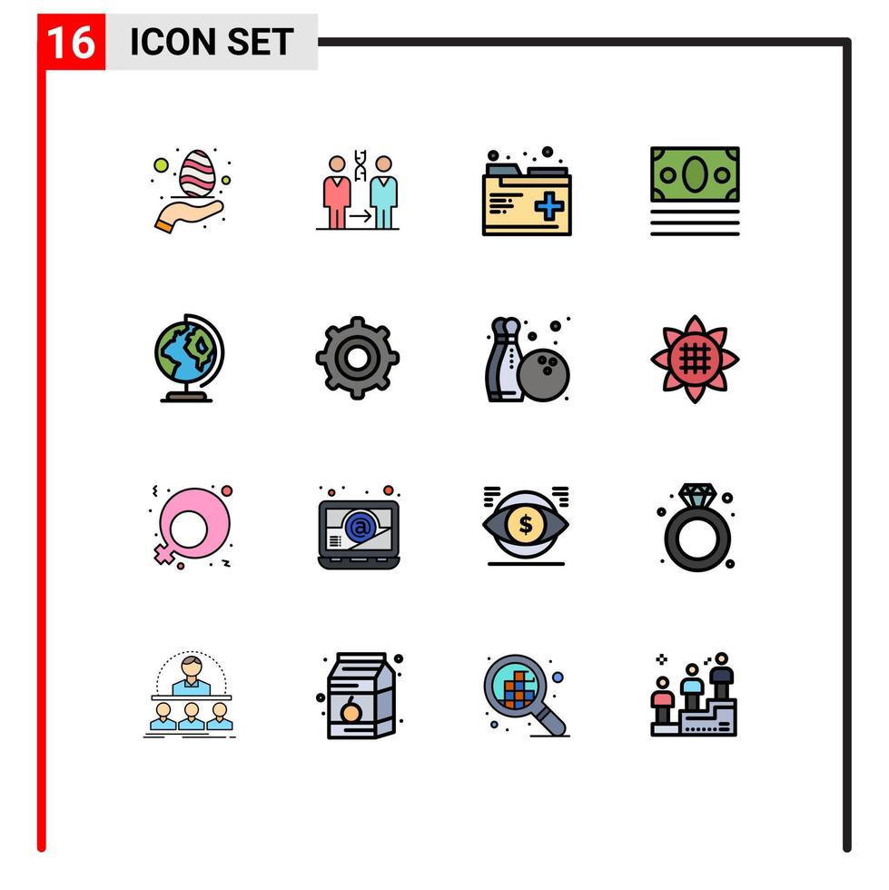 Universal Icon Symbols Group of 16 Modern Flat Color Filled Lines of earth online health money records Editable Creative Vector Design Elements