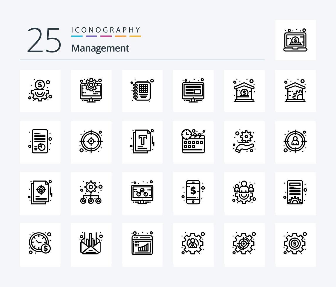 Management 25 Line icon pack including economics. dollar. diary. business. screen vector