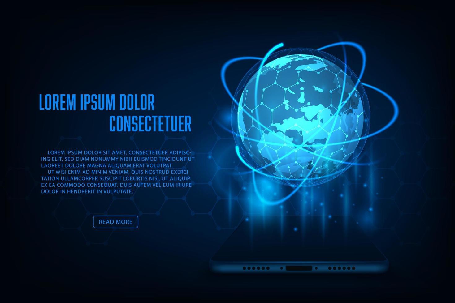 Vector global network connection with smartphone concept. World map abstract technology background.