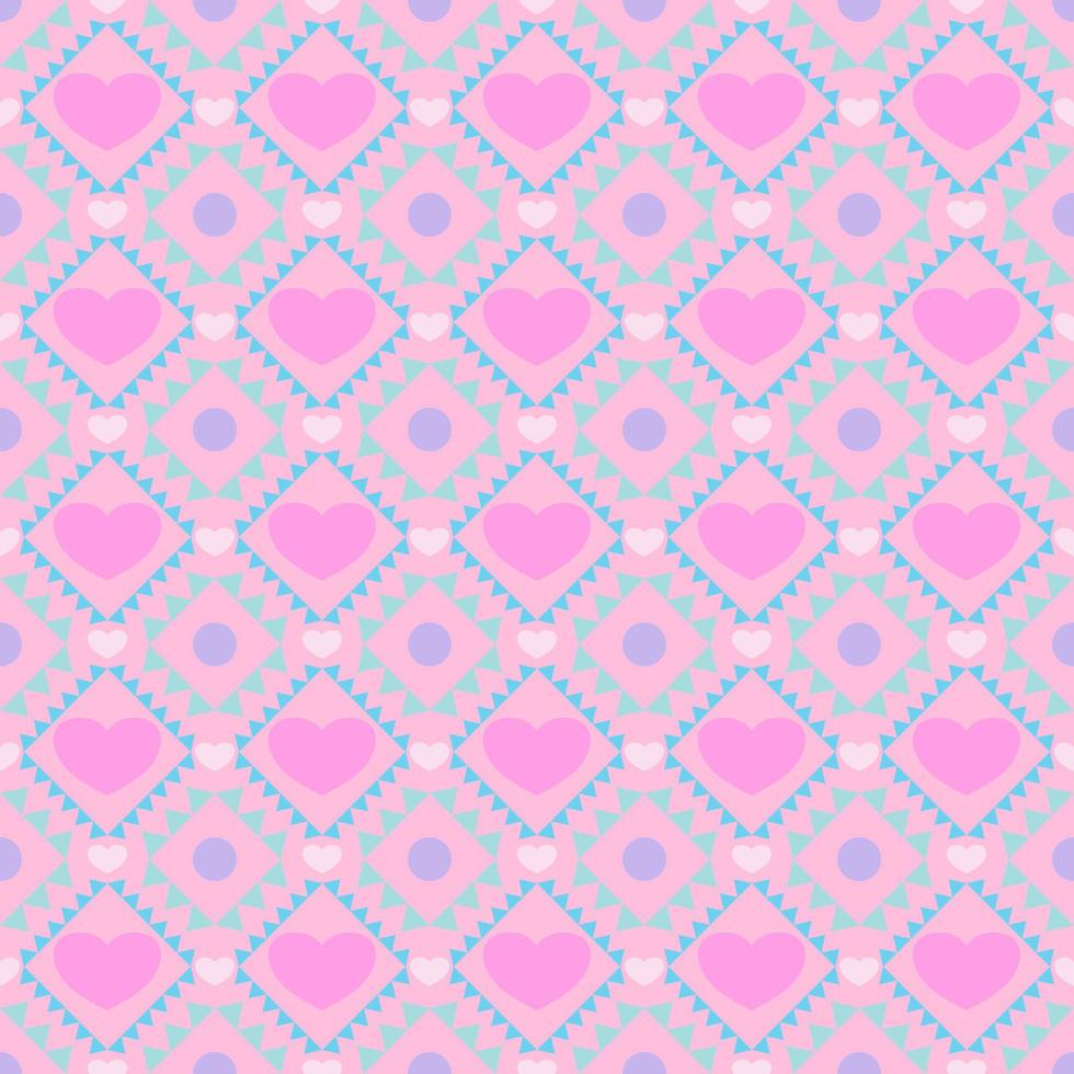 Pink heart on colorful geometric triangle square background vector seamless pattern, element for decorate valentine card, flannel tartan plain fabric textile printing, wallpaper and paper wrapping