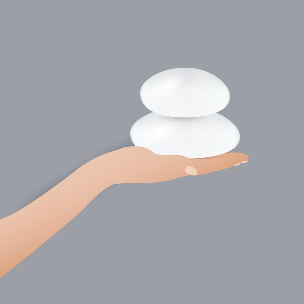 A woman's hand holds silicone implants for breast augmentation. Cosmetic surgery vector