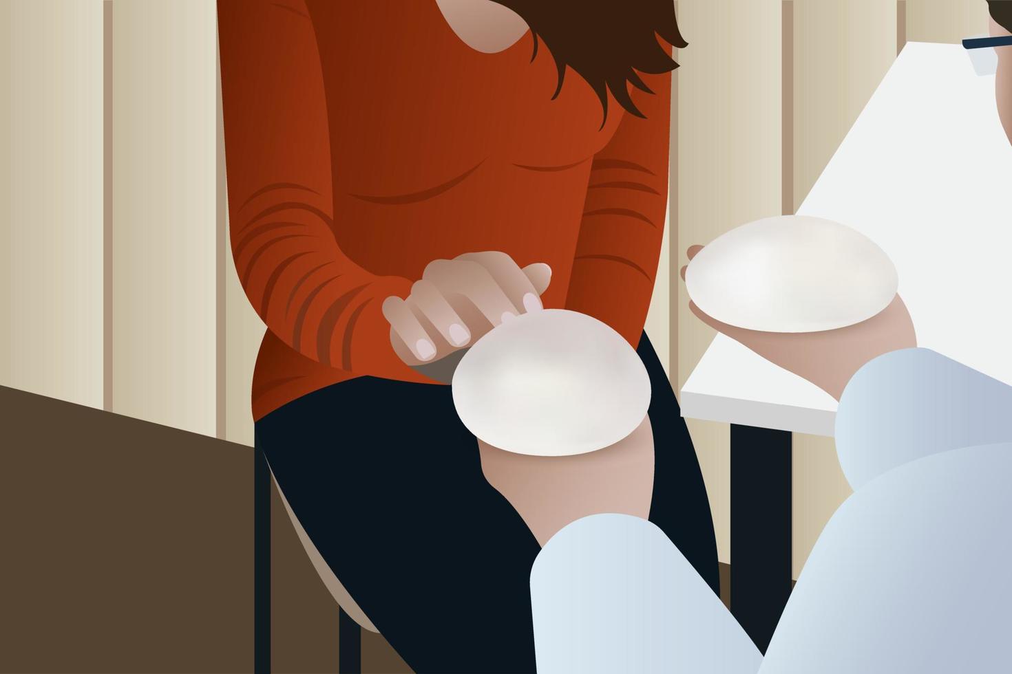 Doctor showing silicone breast augmentation implants of choice to a female patient in the clinic. Cosmetic Surgery vector