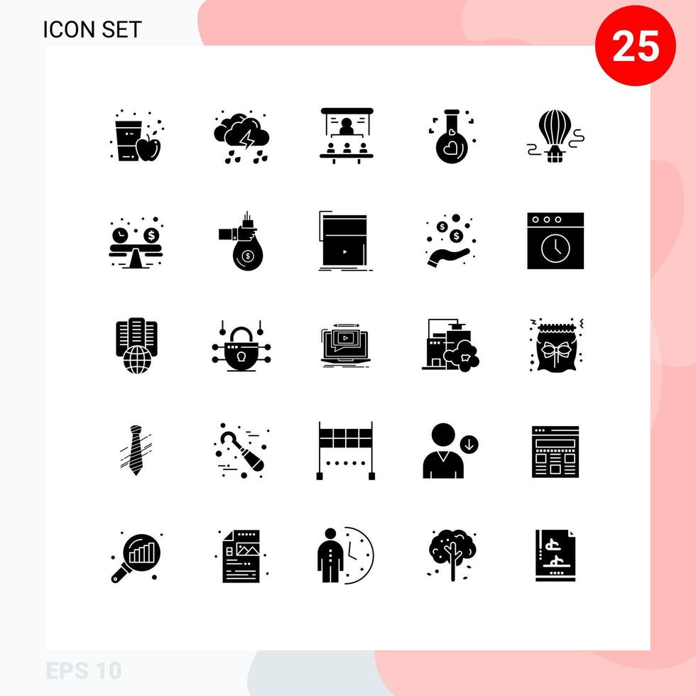 25 Universal Solid Glyphs Set for Web and Mobile Applications heart flask weather projector office Editable Vector Design Elements