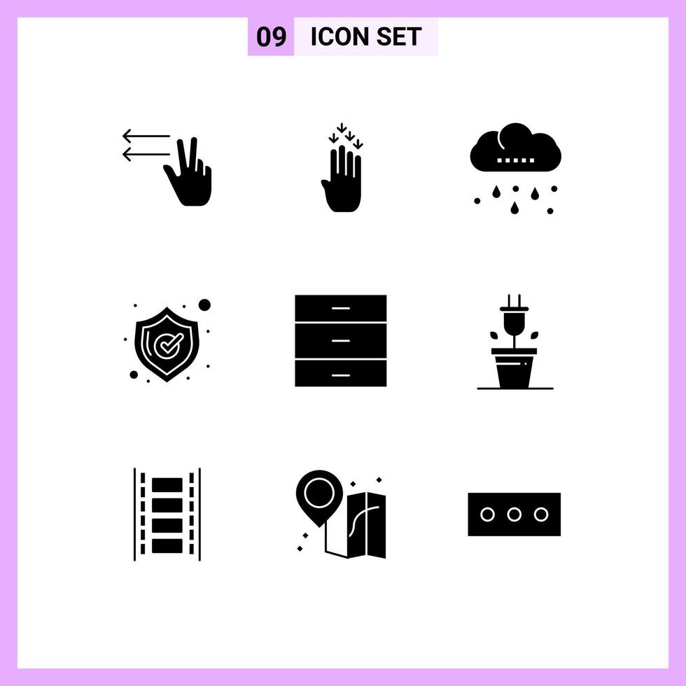 Group of 9 Modern Solid Glyphs Set for interior drawer rain cabinet shield Editable Vector Design Elements